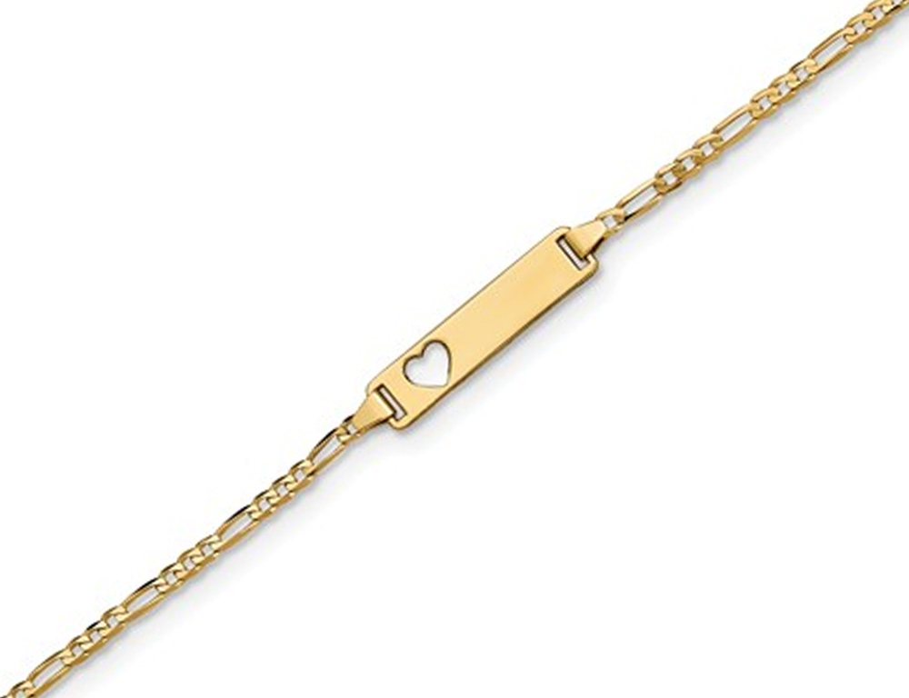 Figaro Engraveable Heart ID Bracelet in 14K Yellow Gold 7 Inches