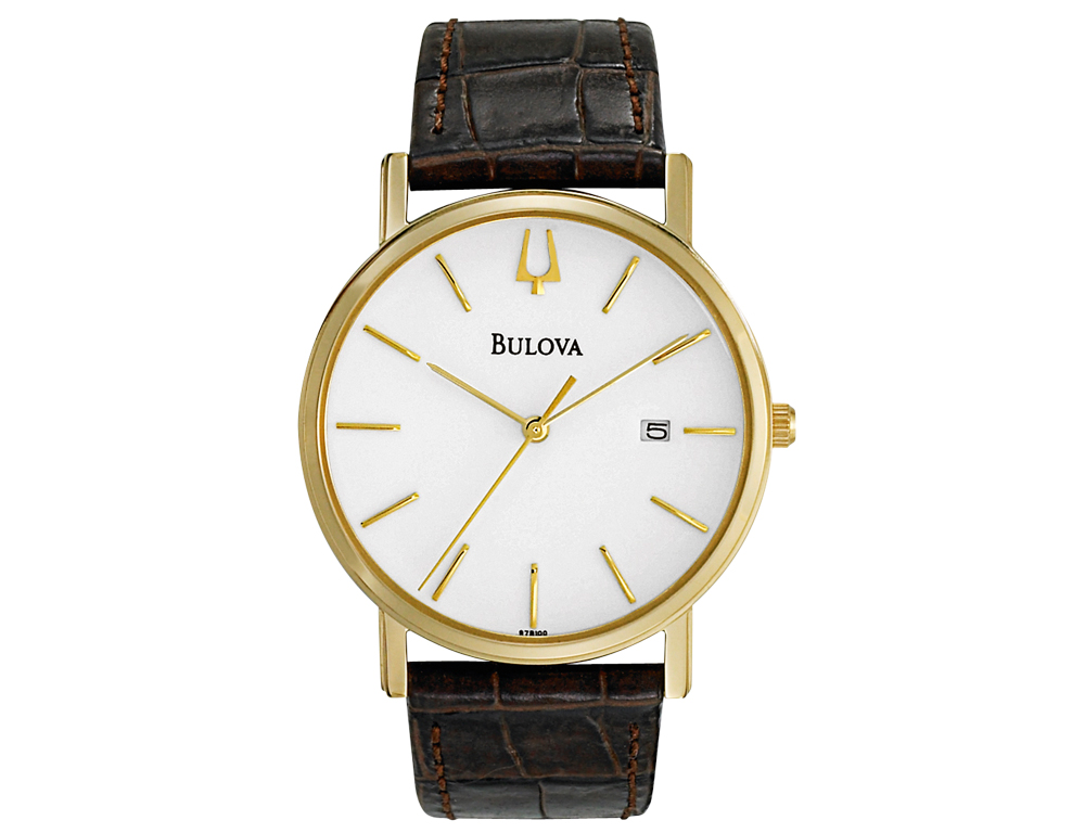 Handsome and sophisticated, this mens Bulova "Dress Duets" watch features a round stainless steel face in gold finish and classic analog display. Complete with textured brown leather strap, this versatile timepiece will add a smart finishing touch to any attire.