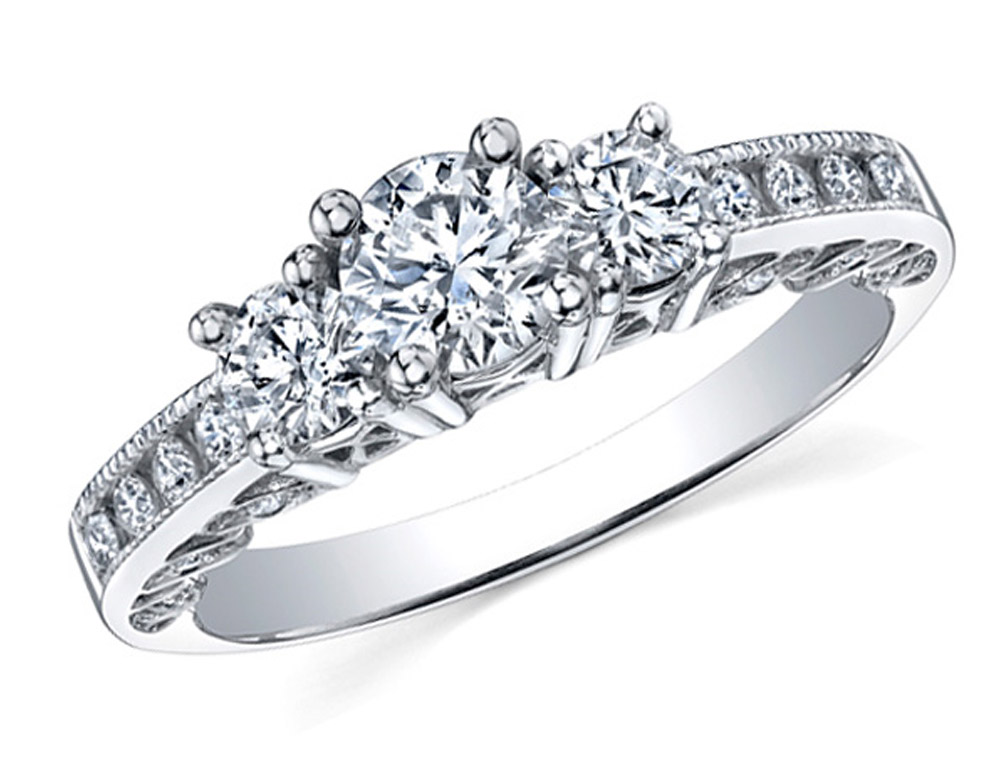 1.0 Carat (ctw H-I, I1-I2) Diamond Engagement Ring or Three Stone Anniversary Ring in 14K White Gold