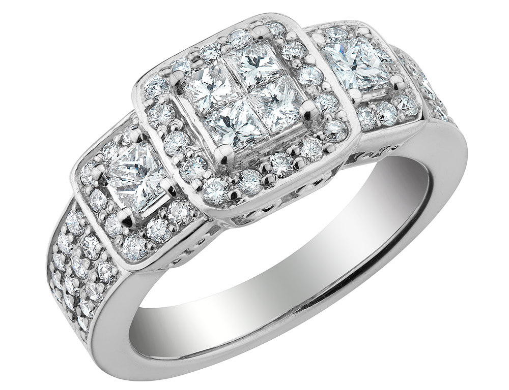 1.33 Carat (ctw H-I, I1-I2) Princess Cut Diamond Engagement Ring & Double Wedding Band Set in 14K White Gold