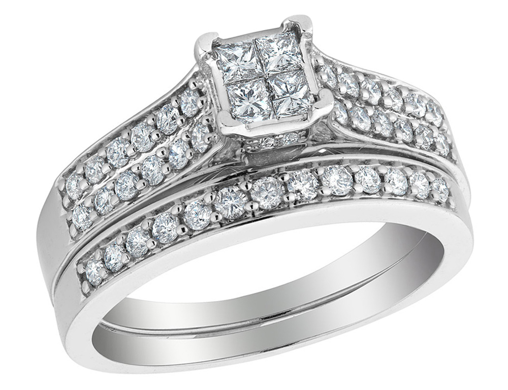 Four princess cut diamonds are invisibly set at the center of this diamond engagement ring and wedding band. Thirty brilliant round diamonds beautifully sparkle from within a 14 karat white gold foundation. This beautiful and unique diamond ring is just for you.