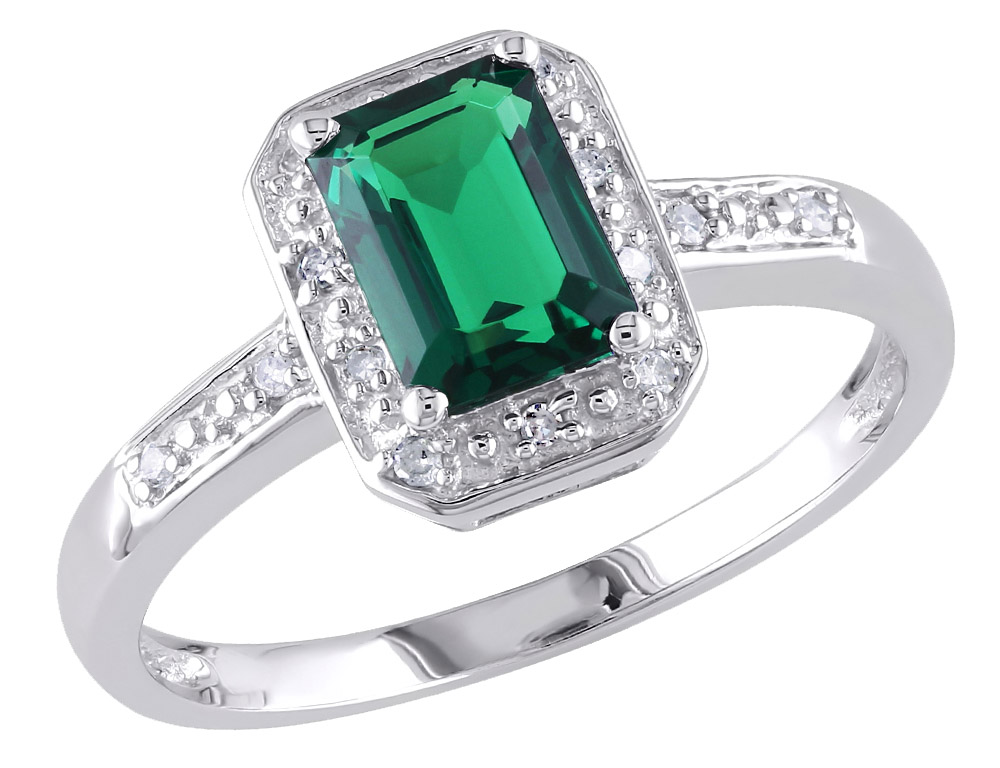 Created Emerald 1.0 Carat (ctw) Ring with Diamonds in Sterling Silver