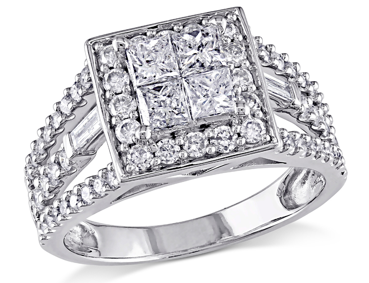 Before getting down on one knee, choose a stunning diamond that conveys your love like this princess diamond ring. Set in 14 karat white gold, this unique diamond ring features four brilliant princess-cut halo diamonds at the center. Sparkling round and baguette-cut diamonds frame the center setting and add dazzling shine to the white gold band.