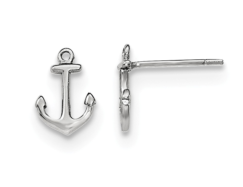 Sleek sterling silver is crafted into mini anchors in these dainty charm earrings with polished rhodium plating.