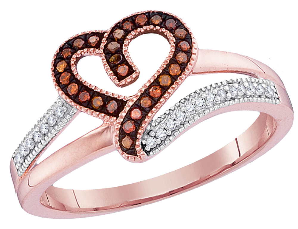 A sparkling enhanced red diamond pave setting heart is carefully crafted from crisp 10 karat rose pink gold and completed with 48 sparkling diamonds in this promise heart ring sure to please.