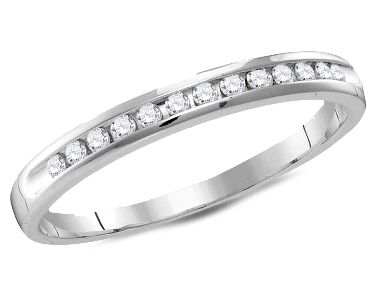 Beautiful sparkling round brilliant diamonds 1/2 carat (ctw) are channel set between crisp 14 karat white gold bringing this affordable wedding anniversary band to life.