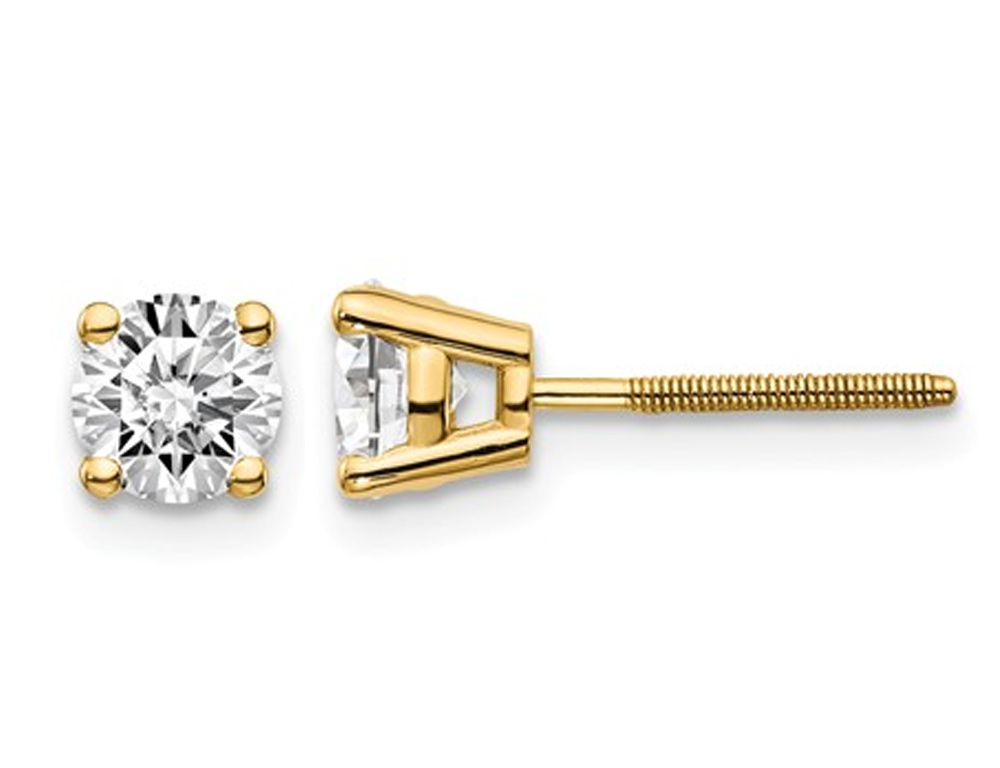 Shimmering polished 14 karat yellow gold screw back solitaire earrings featuring 0.80 carats of brilliant round cut diamonds, clarity- VS2-SI1 , Color G-H-I.