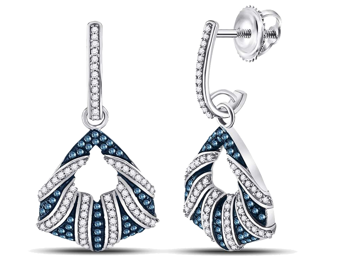 Beautiful color enhanced blue brilliant cut diamonds are featured in these J-Hoop dangle earrings which offer both style and elegance. Crafted from 10 karat polished white gold to form a subtle frame to the 200+ sparkling round blue and white diamonds that make up these exquisite stud earrings with screwbacks.