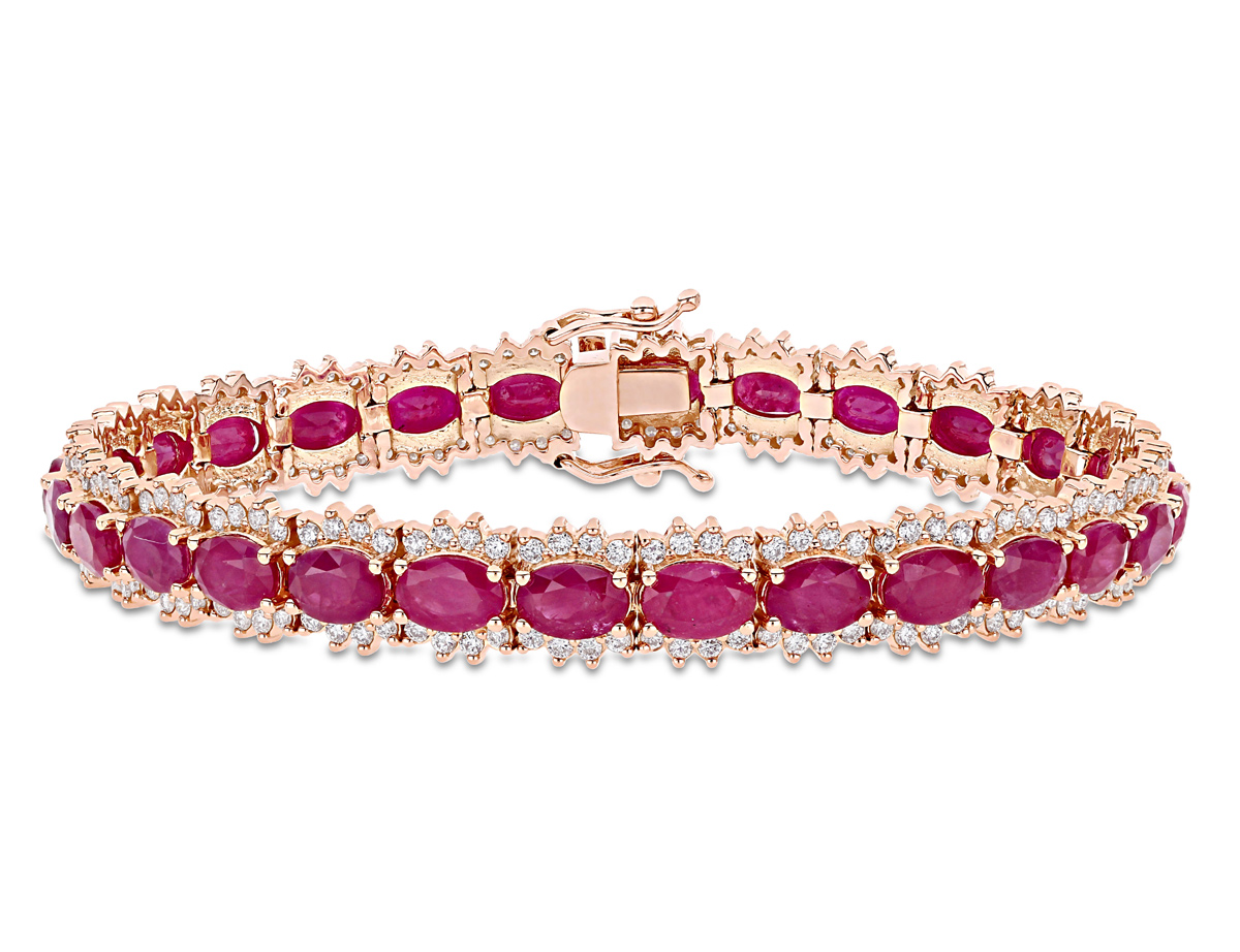 16.80 Carat (ctw) Ruby Bracelet with 2.24 Carat (ctw SI1-SI2, H-I) Diamonds in 14K Rose Pink Gold