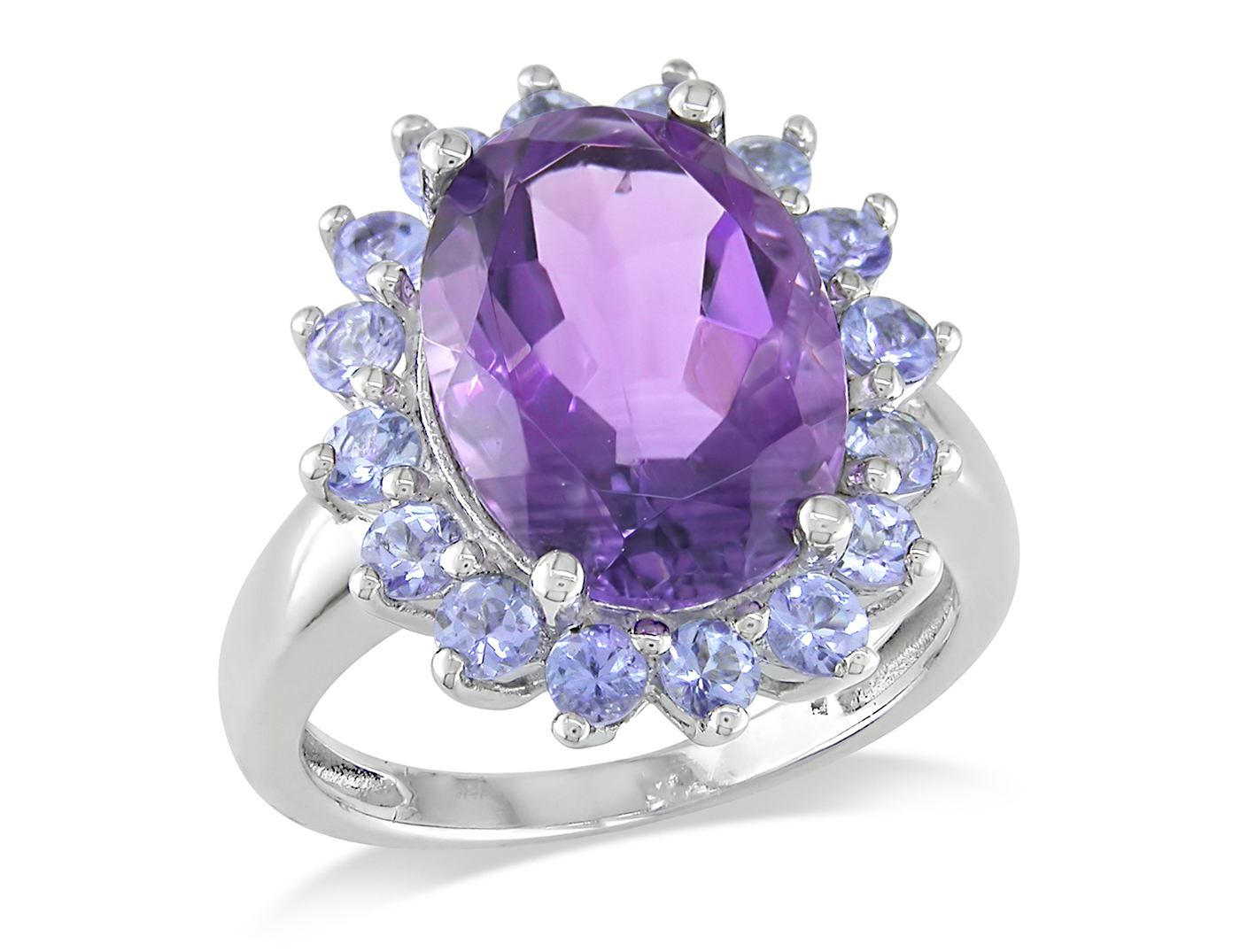 Amethyst and tanzanite halosterling silver ring