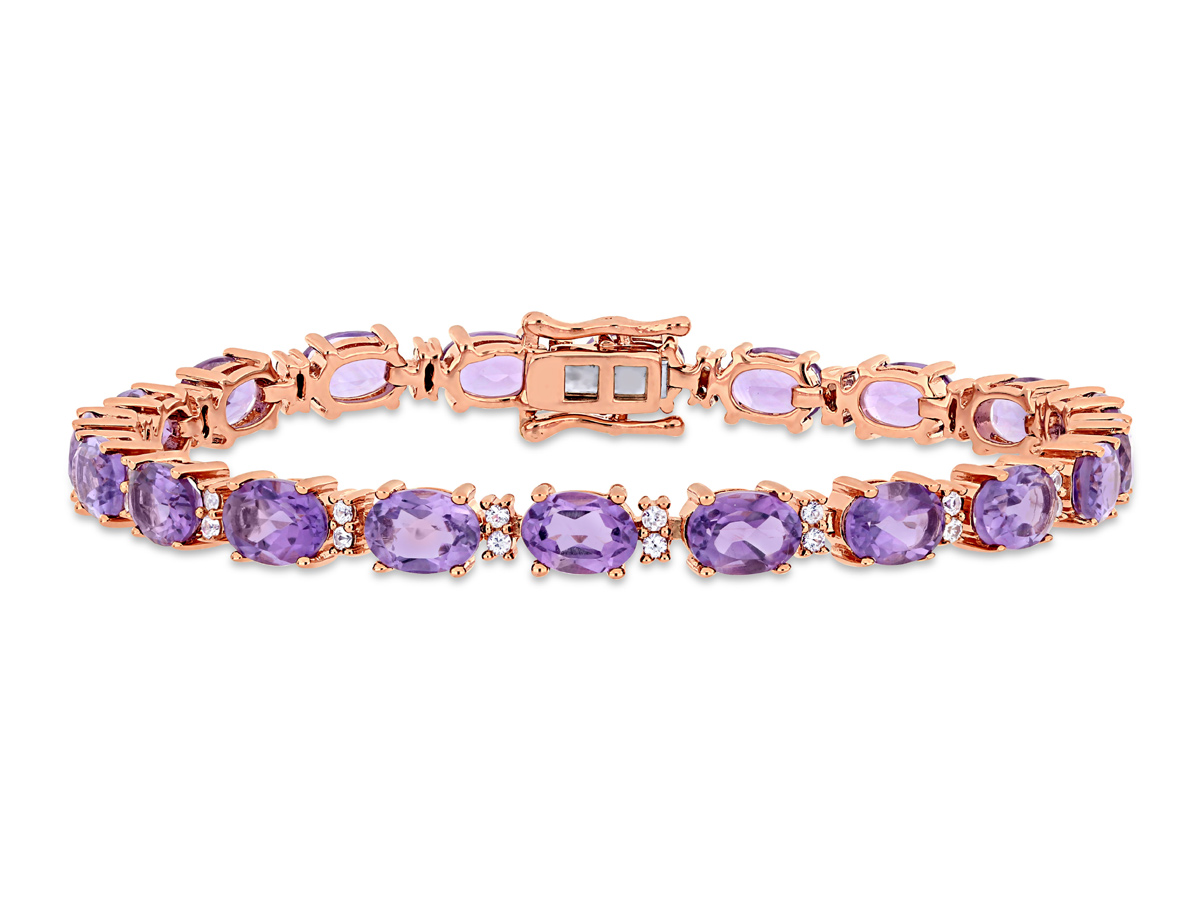 Rose plated sterling silver amethyst and white sapphire tennis bracelet 