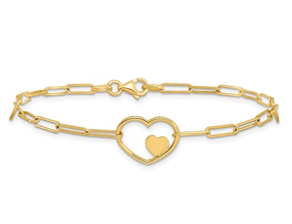 14K Yellow Gold Paperclip Heart Link Bracelet (7.25 inches)