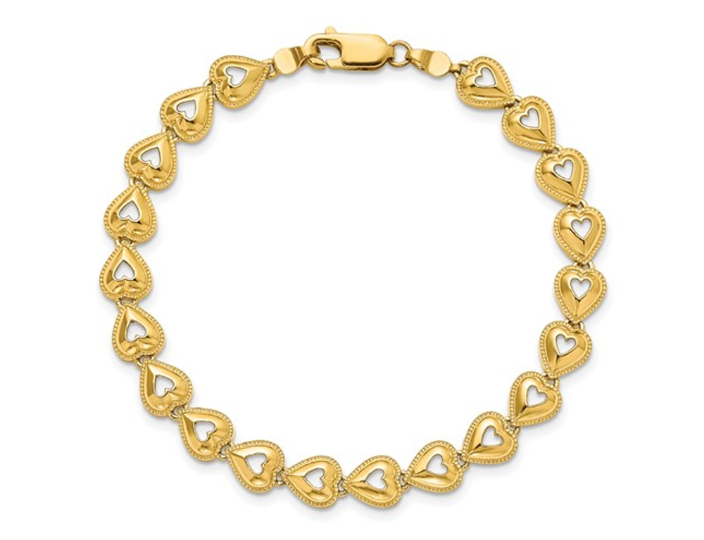 14K Yellow Gold Beaded Hearts Link Bracelet (7 inches)