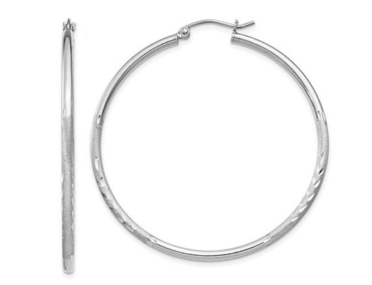 Large Satin and Diamond Cut Hoop Earrings in Sterling Silver 2 Inch (2.0mm)