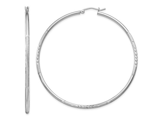Extra Large Satin and Diamond Cut Hoop Earrings in Sterling Silver 2 1/2 Inch (2.0mm)
