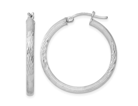 Small Satin and Diamond Cut Hoop Earrings in Sterling Silver 1 Inch (3.0mm)