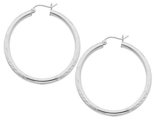 Medium Satin and Diamond Cut Hoop Earrings in Sterling Silver 1 1/2 Inch (3.0mm)