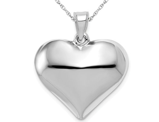 14K White Gold Puffed Heart Pendant Necklace with Chain
