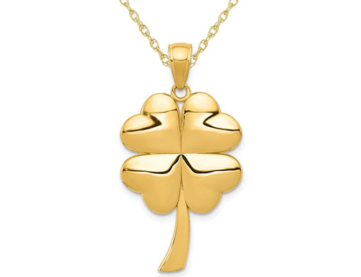 14K Yellow Gold Polished Clover Leaf Heart Pendant Necklace with Chain