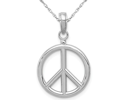 14K White Gold Peace Sign 3-D Pendant Necklace with Chain