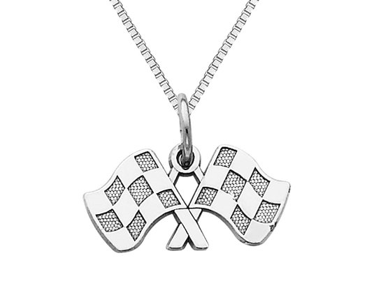 14K White Gold Checkered Flags Charm Pendant Necklace with Chain