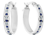 Sapphire and Diamond Oval Hoop Earrings 1/8 Carat (ctw) in Sterling Silver (3/4 Inch)