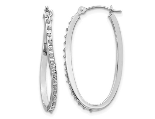 14K White Gold  Oval Hoop Twist Earrings (1 1/4 Inch) with Diamond Accent