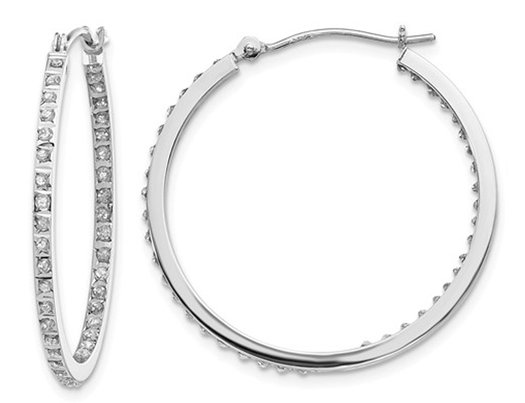 14K White Gold Accent Diamond Round Hinged Hoop Earrings (1 1/8 Inch)