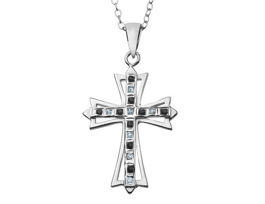 Blue Sapphire Cross Pendant Necklace in Platinum Plated Sterling Silver with Chain