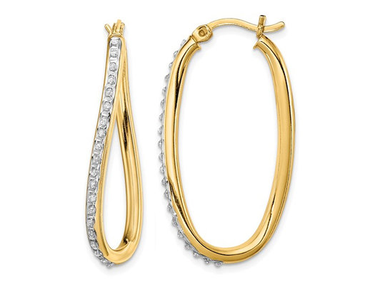 Diamond Accent Oval Hoop Twist Earrings in Sterling Silver and 14K Yellow Gold (1 1/3 Inch)