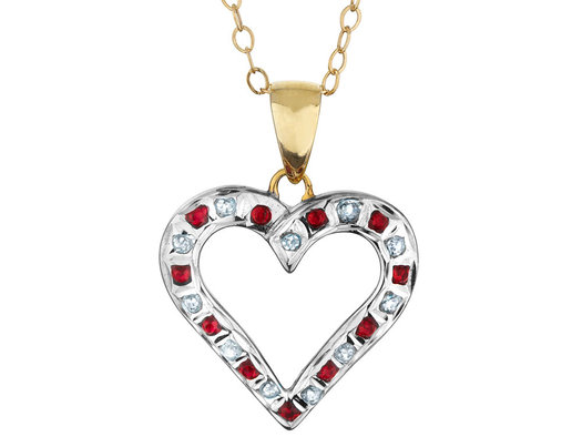 Natural Accent Ruby and Accent Diamond Heart Pendant Necklace in Sterling Silver with Chain