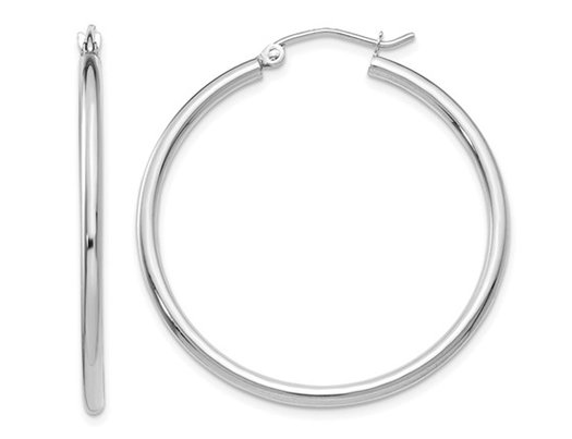 14K White Gold Medium Hoop Earrings 1 1/4 Inch (2.00 mm)