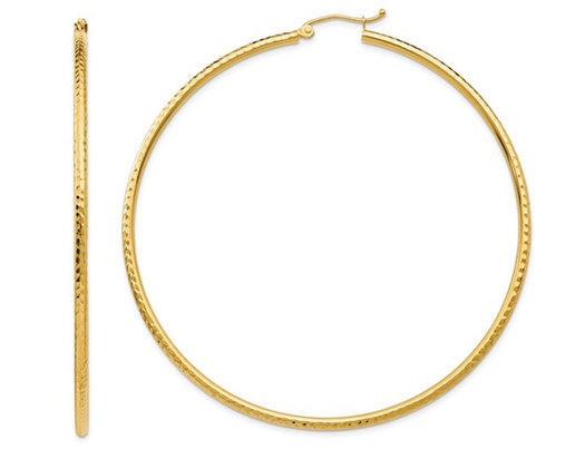 Extra Large Diamond Cut Hoop Earrings in 14K Yellow Gold 2 1/2 Inch (2.00 mm)