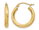 14K Yellow Gold Small Satin and Diamond Cut Hoop Earrings 3/4 Inch (3.00 mm)