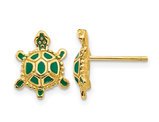 Green Enameled Turtle Charm Earrings in 14K Yellow Gold