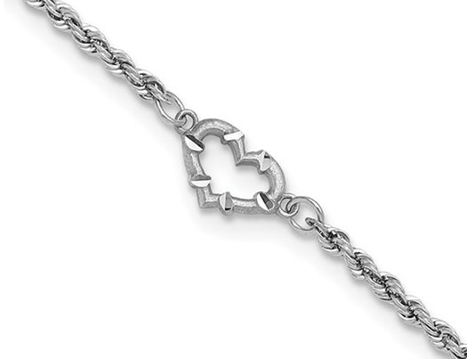 14K White Gold Diamond-Cut Rope Chain Heart Anklet 10 Inches