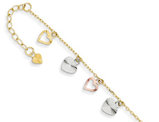 Diamond Cut Adjustable Heart Anklet in 14K Yellow, White and Pink Gold 9 Inches