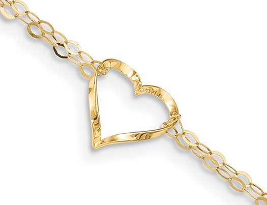 14K Yellow Gold Adjustable Double Strand Heart Anklet (9 Inches)