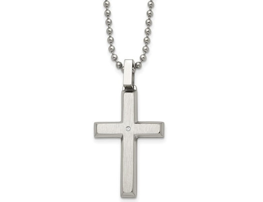 Men's Cross Pendant Necklace in Stainless Steel with Diamond Accent and Chain