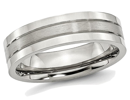 Men's Chisel Stainless Steel 6mm Grooved Satin and Polished Wedding Band Ring