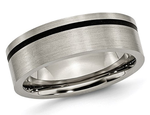 Men's 7mm Comfort Fit Titanium Wedding Band Ring with Black Accent