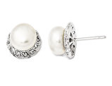 Freshwater Cultured White Pearl Earrings with Synthetic Cubic Zirconia in Sterling Silver