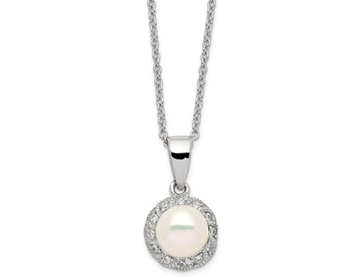Freshwater Cultured White Pearl Pendant Necklace with Synthetic Cubic Zirconia in Sterling Silver with Chain
