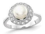 Freshwater Cultured Pearl Ring in Sterling Silver with Synthetic Cubic Zirconia
