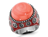 Red Enameled Sterling Silver With Synthetic Coral and Black Synthetic Cubic Zirconias Cocktail Ring with Cubic Zirconias (CZ) 