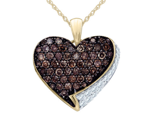 4/5 Carat (ctw) White & Champagne Diamond Heart Pendant Necklace in 10K Yellow Gold with Chain