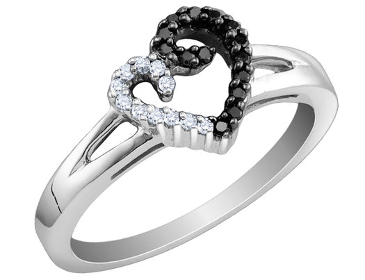 1/5 Carat (ctw) White & Black Diamond Heart Promise Ring in Sterling Silver