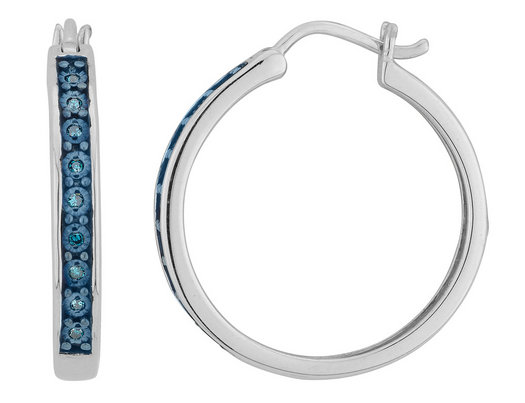 1/12 Carat (ctw) Enhanced Blue Diamond Hoop Earrings  in Sterling Silver (1 Inch)
