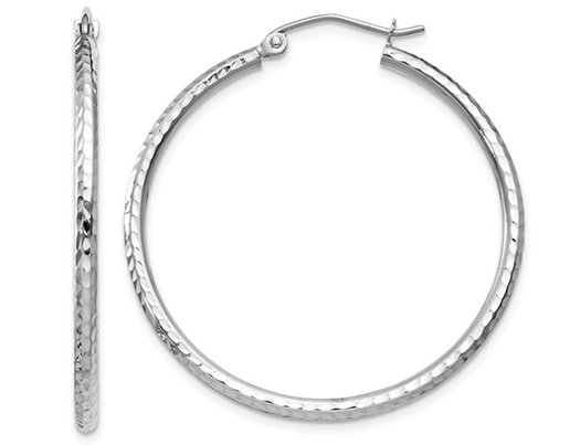 14K White Gold Medium Diamond-Cut Hoop Earrings 1 1/4 Inch (2.00 mm)