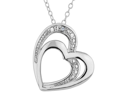 Sterling Silver Double Heart Pendant Necklace with Diamond Accent with Chain